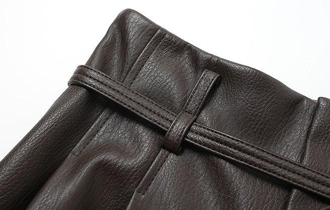 ZHUCHONGYUN belted high-waisted straight PU leather trousers-HIKIGAYA.