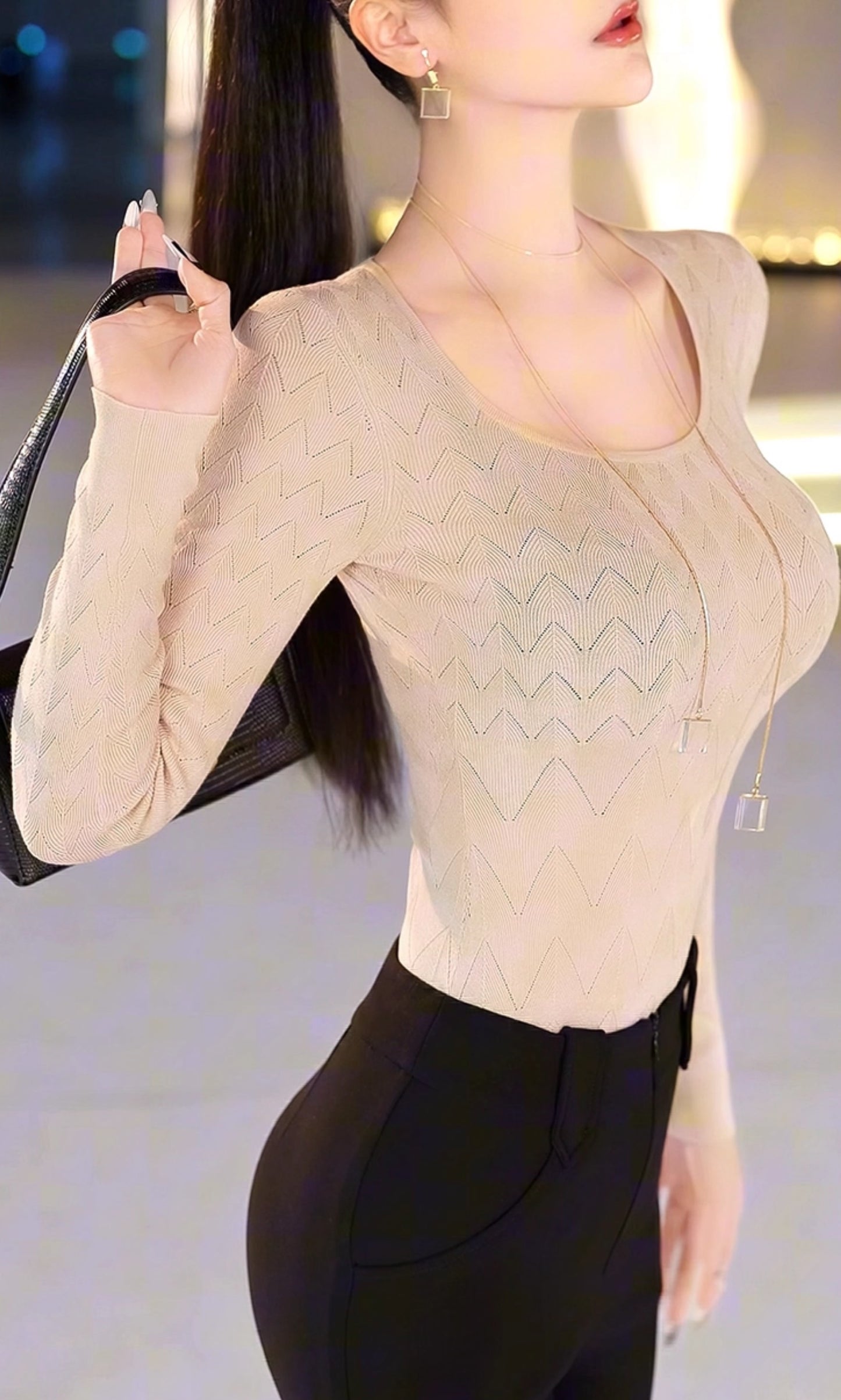 VJE Crew Neck Chic Crochet Slim Bottom Long Sleeve Top - DIDI.