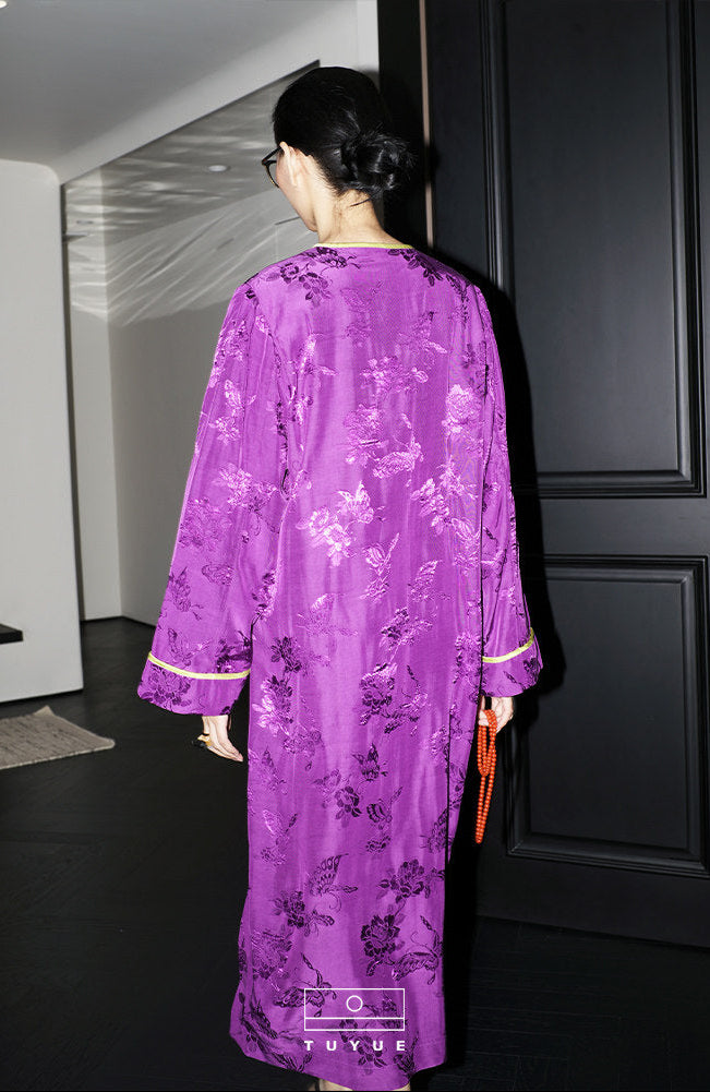 TUYUE Imperial Purple Side Placket Crew Neck Slit Lace-up Dress - JENNIFER.