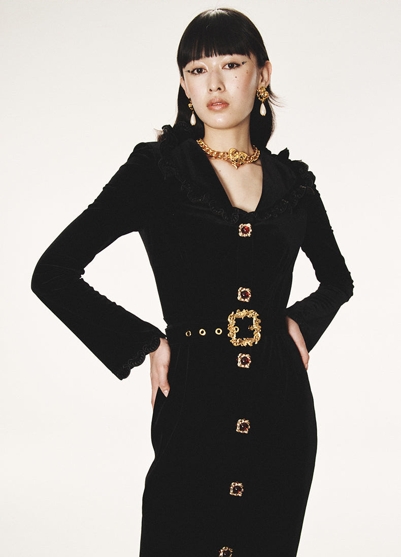 FAME Court Gold Black Velvet dress - Tyiow