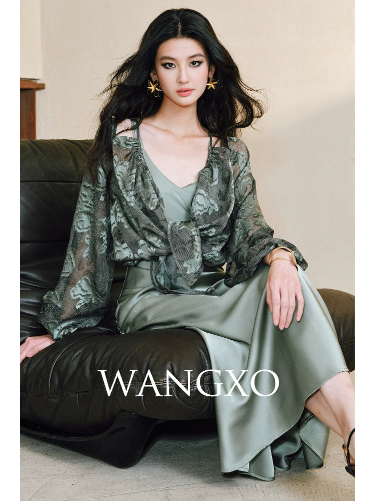 WANGXO Devoré Lace Light and Shadow Heavy Industry Bias French Cardigan & Satin Sundress Set - ESMEE