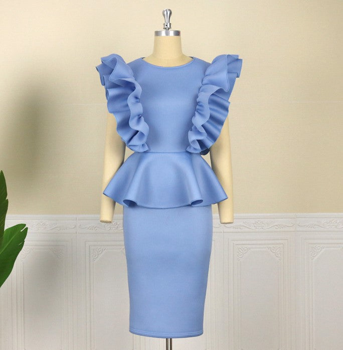 DOLLY High End Blue Crew Nek Ruffled Flying Sleeve Midi Office Dress-BELLONA
