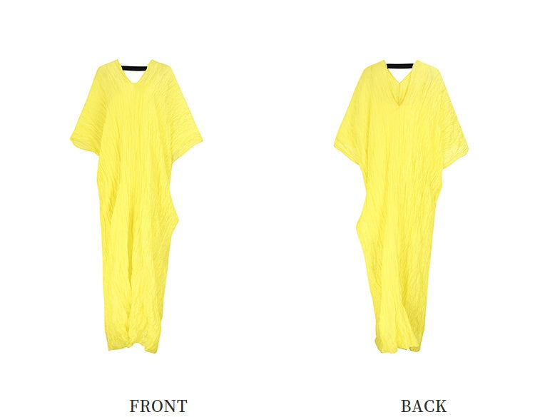 ZHUCHONGYUN yellow pleated dropped shoulder silhouette dress-MIKESE.