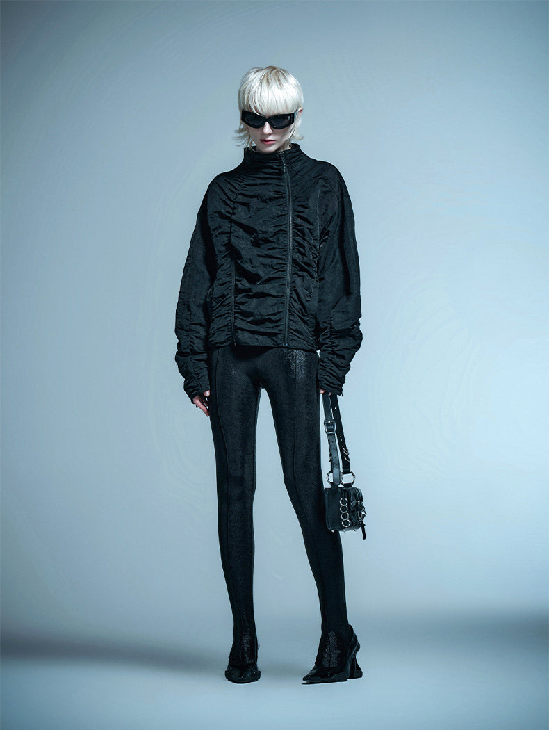 ANNAKIKI black zipper split function pleated jacket for women-HINA