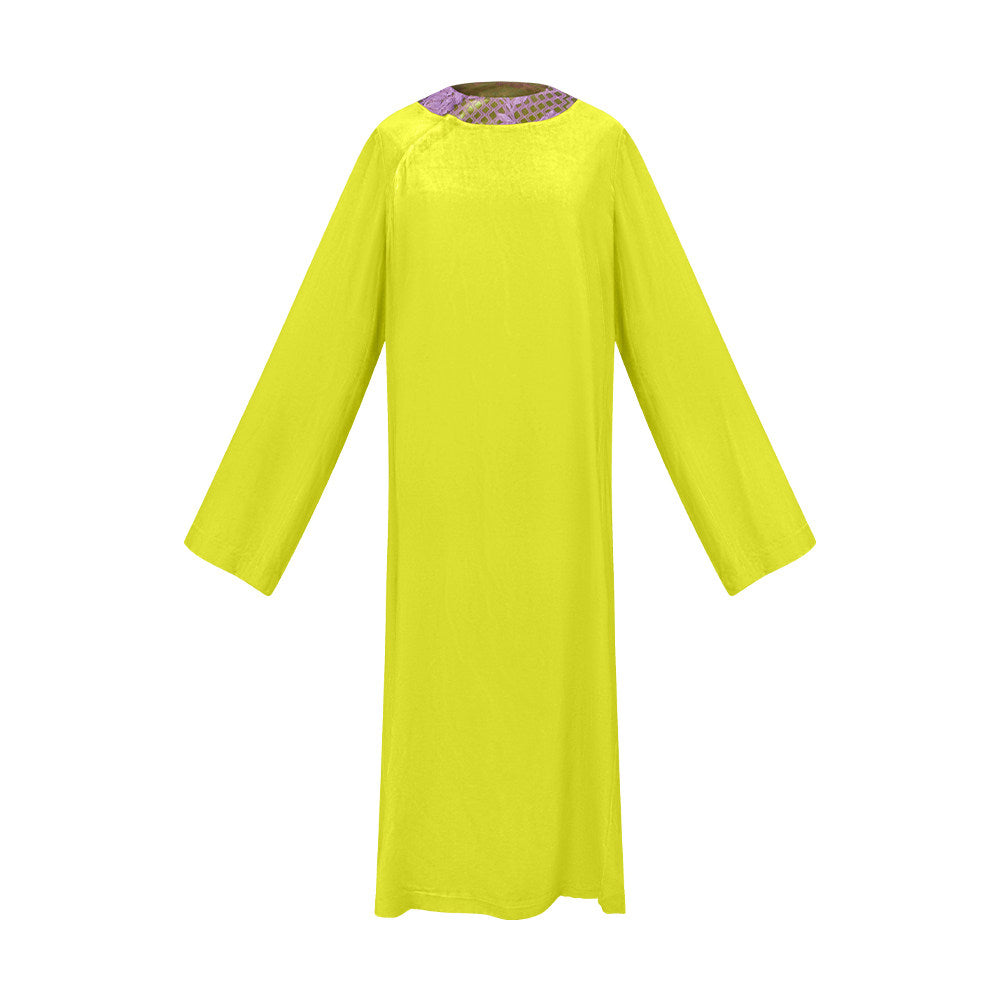 TUYUE Willow Yellow Satin Woven × Silk Velvet H-Shaped Slit Dress- FRANKLIN.