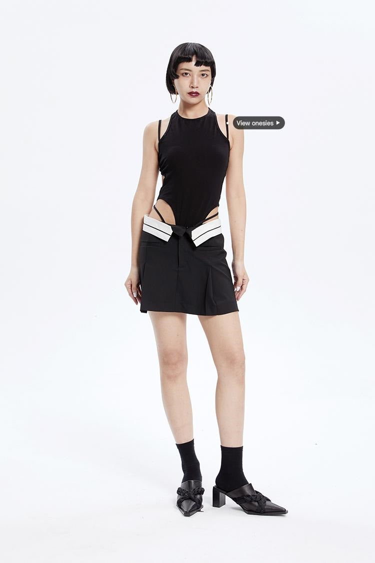 Tiny IN low-waisted contrasting turn-up short pressed pleats skirt-LULU