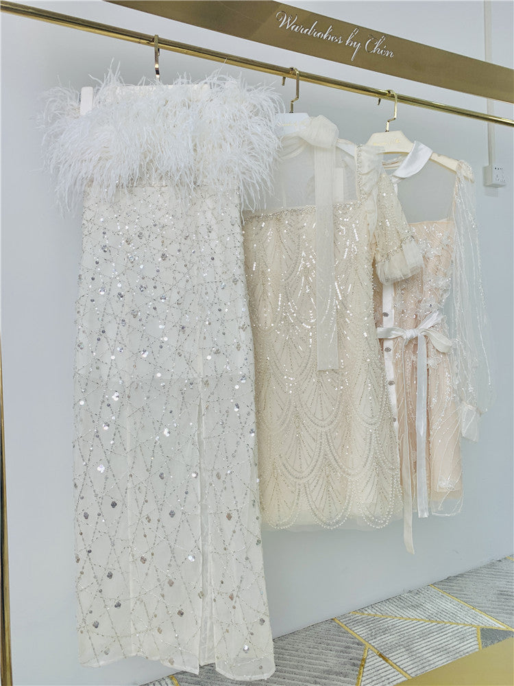 Wardrobes by Chen luxury wedding White Haute Couture Feather Sequin Dress-Masa