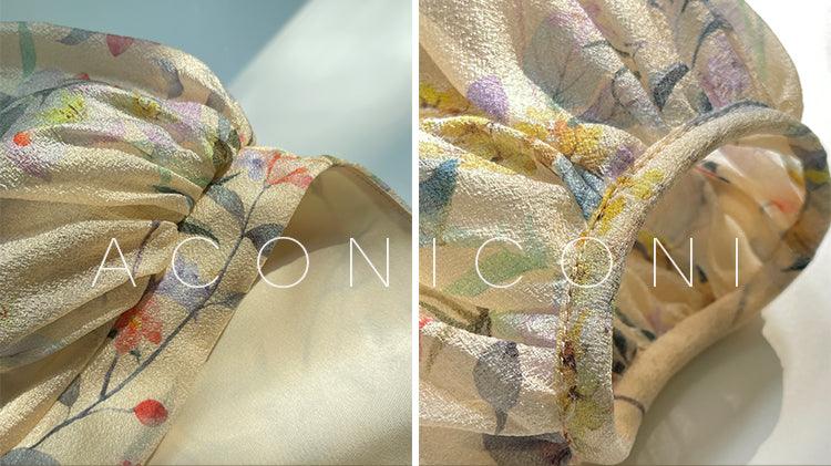 Aconiconi Elegant French Flower Print Puff Sleeve Loose Resort Dress- Huatian Pear Cloud