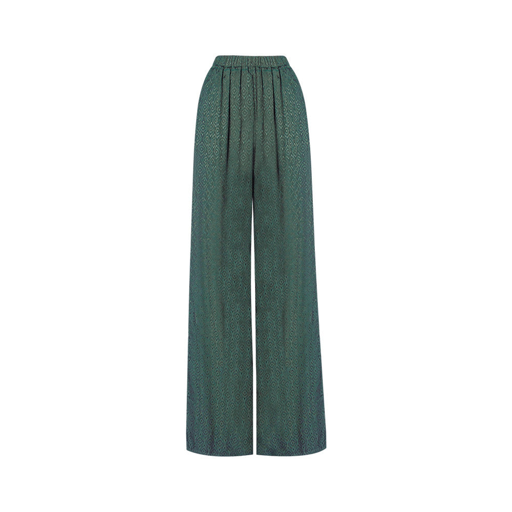 TUYUE Dark Green Satin Woven Elastic Waist Straight Casual Pants- RUBY.