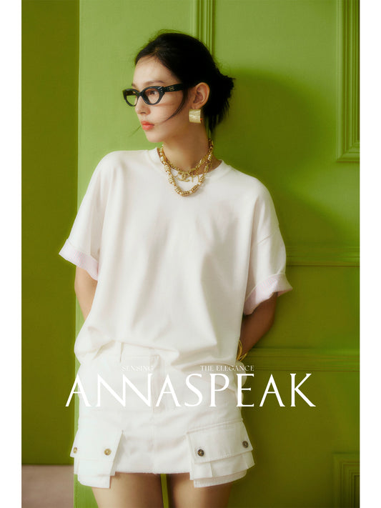 AnnaSpeak High End Round Neck Short Sleeve Two Fake Piece Casual Style Top-Tena