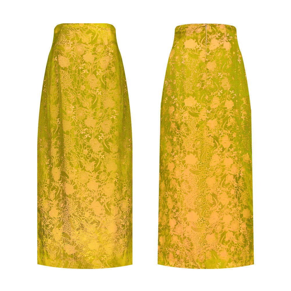 TUYUE Silk Jacquard Yellow Slit Slim Skirt - LANDON.