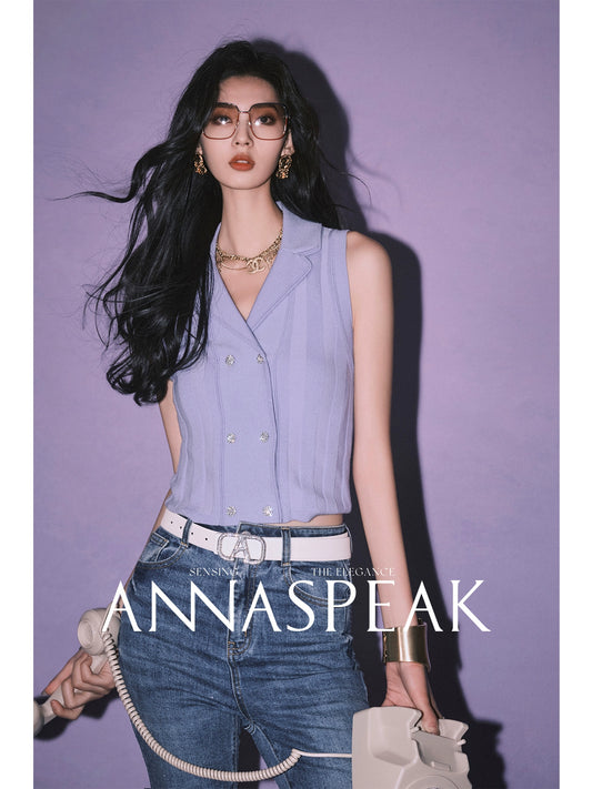 AnnaSpeak Elegant Plain Lapel Sleeveless Straight Short Spring Shirt-Lana