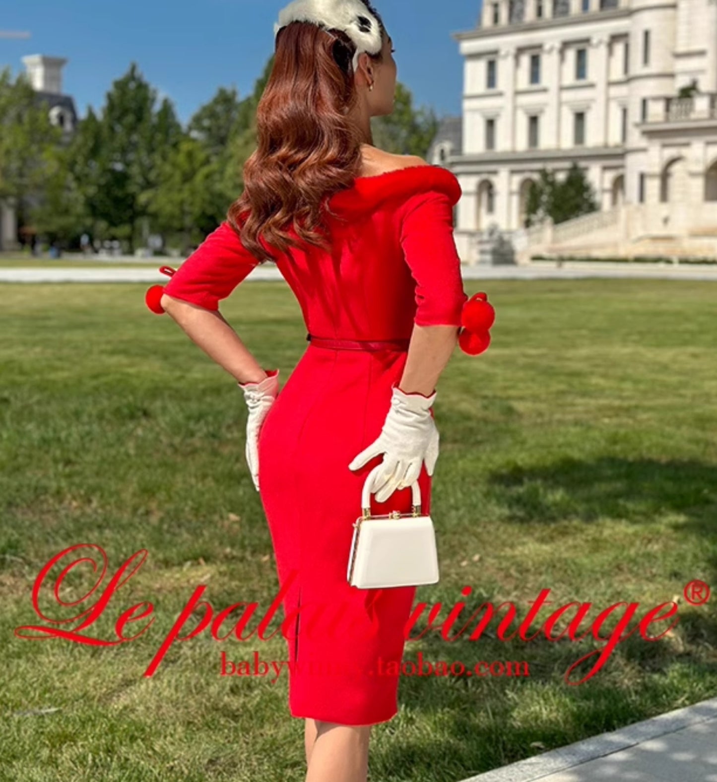 Le Palais Vintage Red Trim Tweed Off-the-Shoulder Dress-DANA