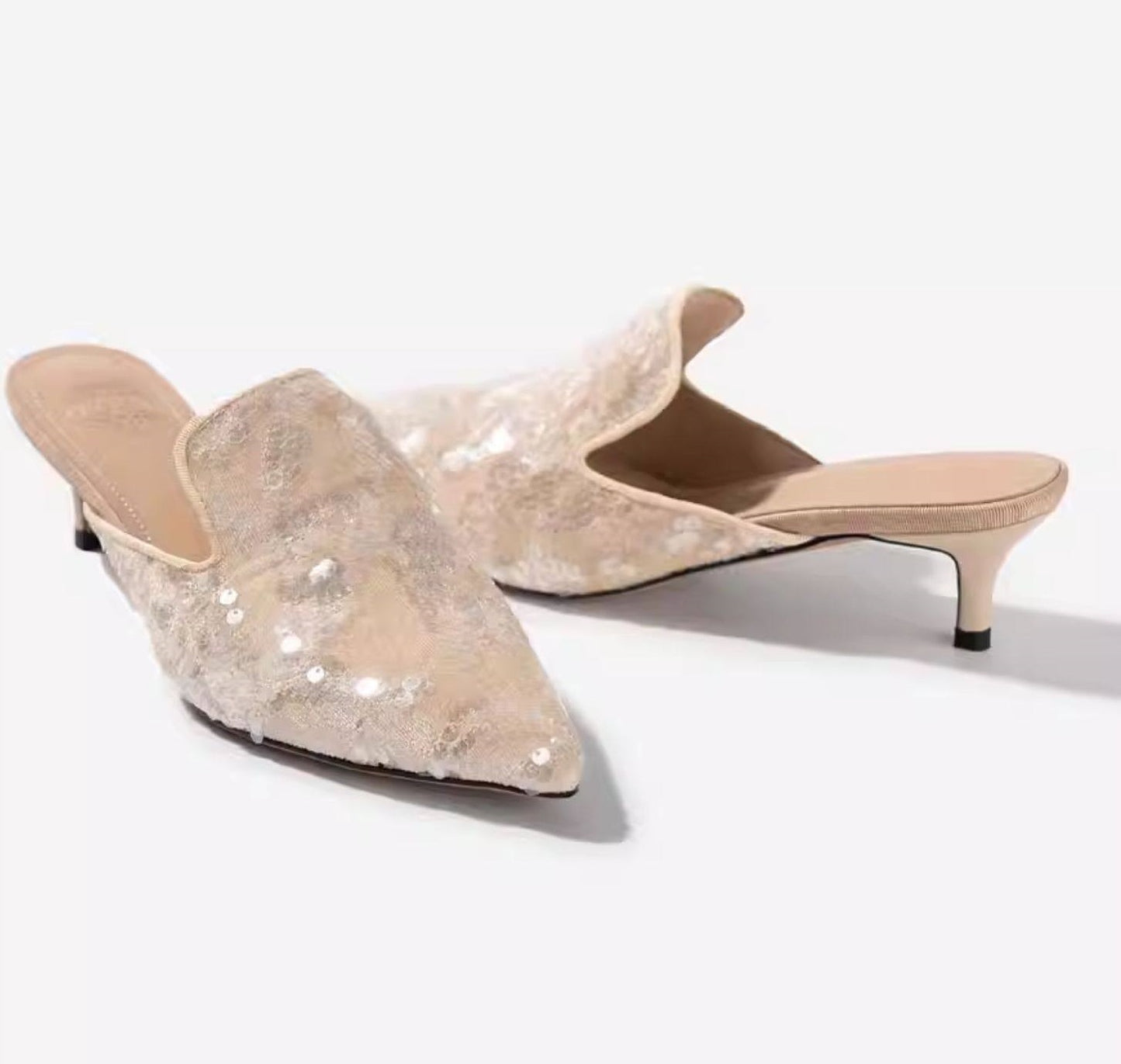 B-FEI Niche Embroidered Pointed Semi-Toe Kitten Heel Mules-IMMU.