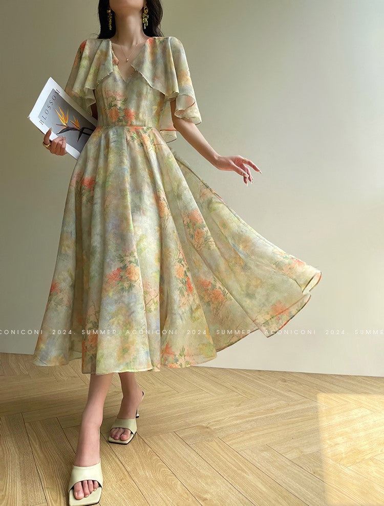 Aconiconi Luxury French Print Flying Sleeve midi Dress- Light clear jasmine