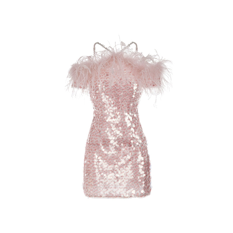 pink sequin feather mini dress Vestido Mini Esme Sequin Feather - Rosa
