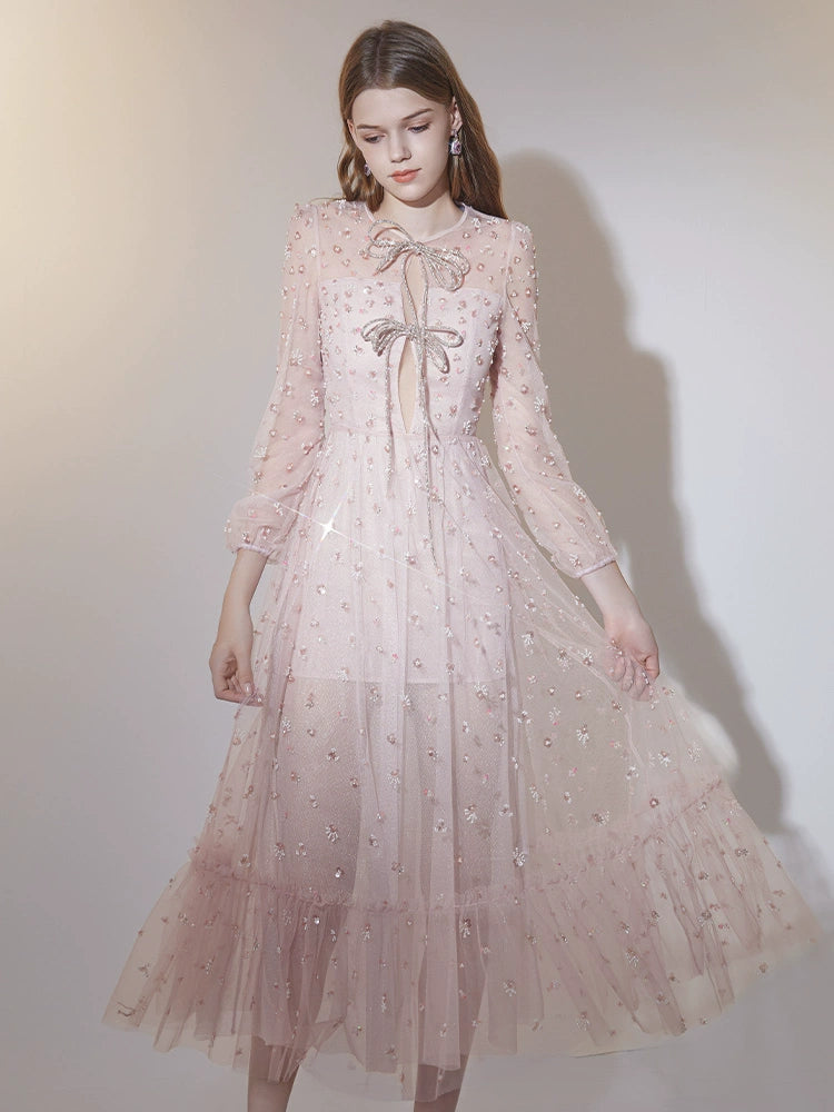 Wardrobes by Chen Pink Long Sleeve Sequin Bow cucktail Dress-MORAH GOOD GIRL REBEL Wardrobes by Chen Pink Long Sleeve Sequin Bow cucktail Dress-MORAH GOOD GIRL REBEL
