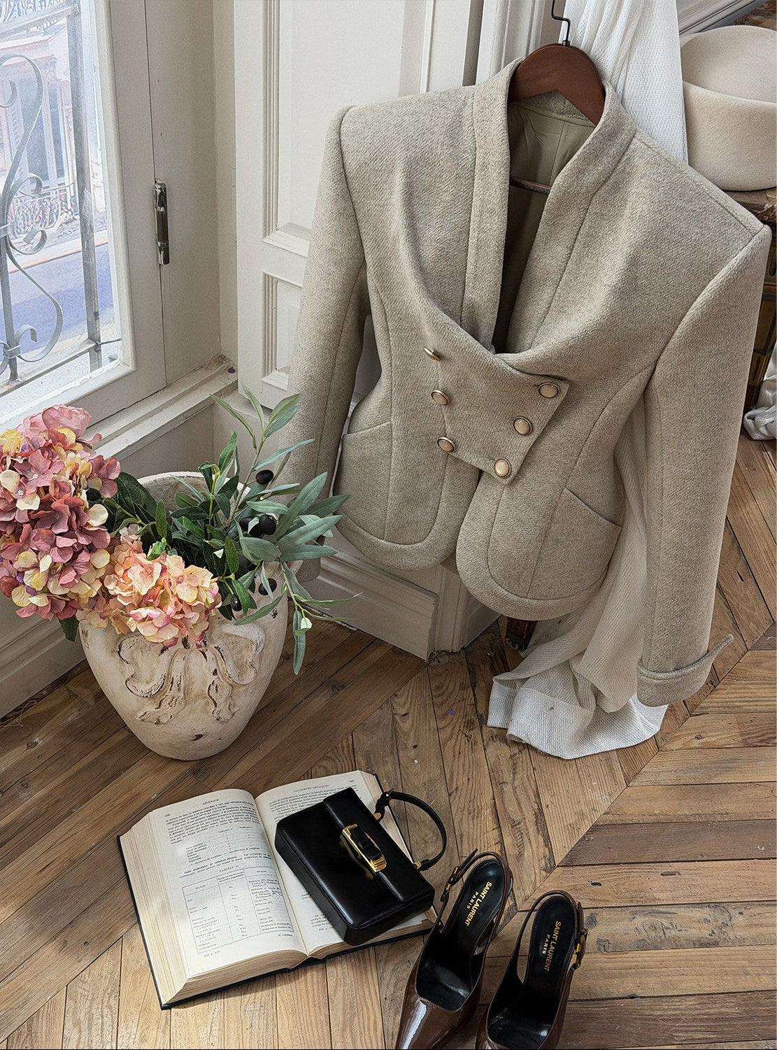 MEI SANGUAN Beige Gray Double-Breasted Jacket & Midi Skirt Suit - ETHAN