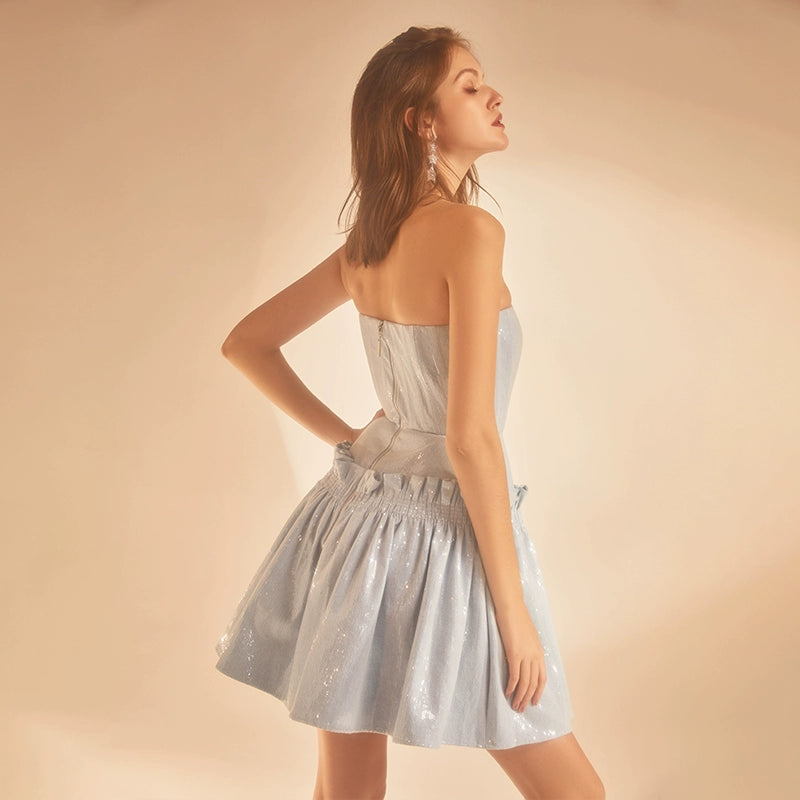 Wardrobes By Chen Luxury Blue Long Sleeve Straight Fur Jacket/Tube Dress-Dee