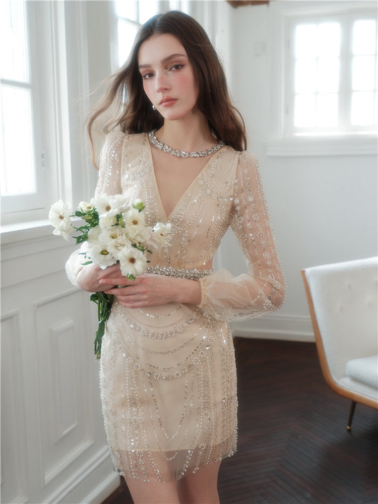 Wardrobes by Chen Luxury Beige Lace Long Sleeve Sequin Dinner Dress-Gem M / Beige Wardrobes by Chen Luxury Beige Lace Long Sleeve Sequin Dinner Dress-Gem M / Beige