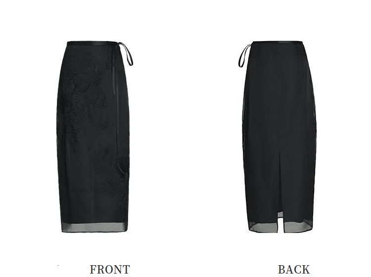 ZHUCHONGYUN organza curved lined silk straight skirt-FAB.