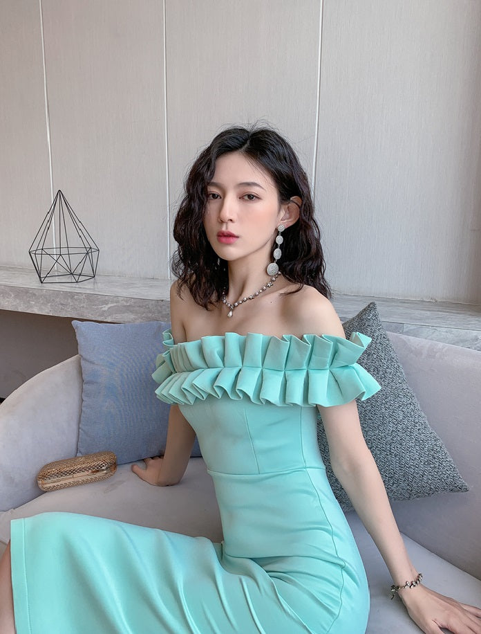 DOLLY High End Retro Style Pleated Off Shoulder Slim Fit Dinner Dress-JOLA
