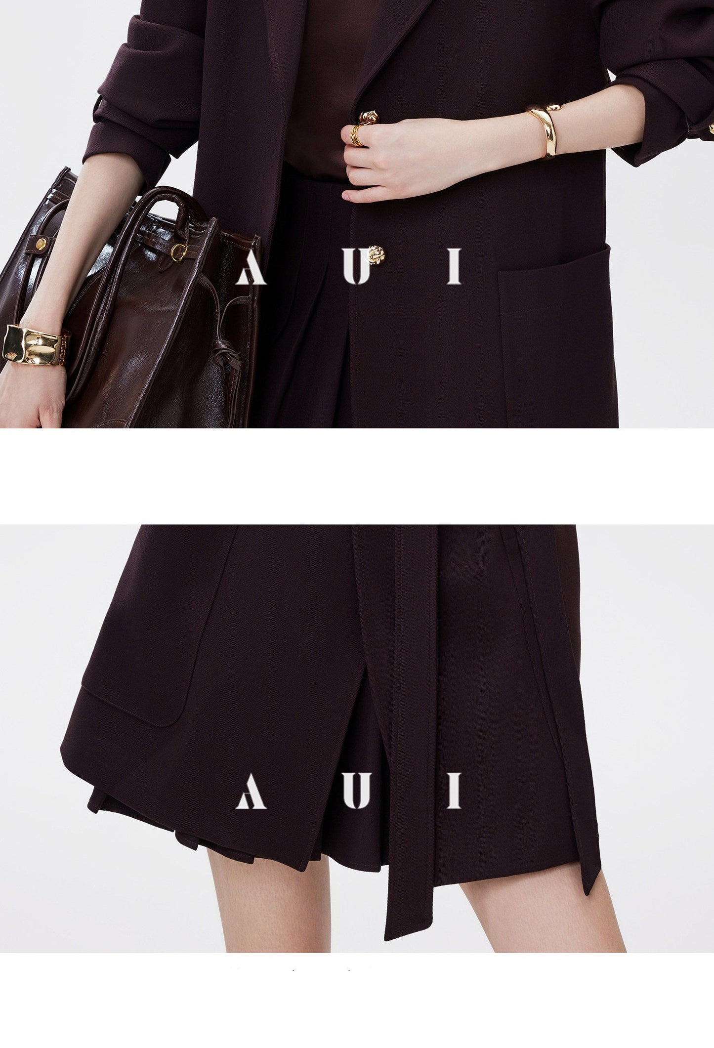 AUI Mocha Mousse Suit Collar Trench Coat Jacket - Hana!