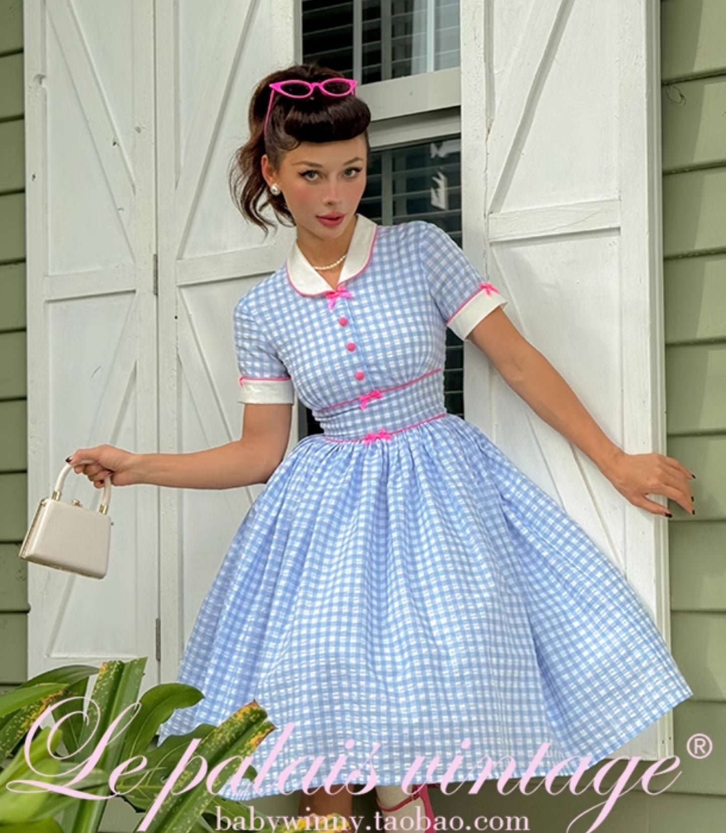 Le Palais Vintage Blue Plaid Waist Swing Skirt Puffy Skirt-SEM