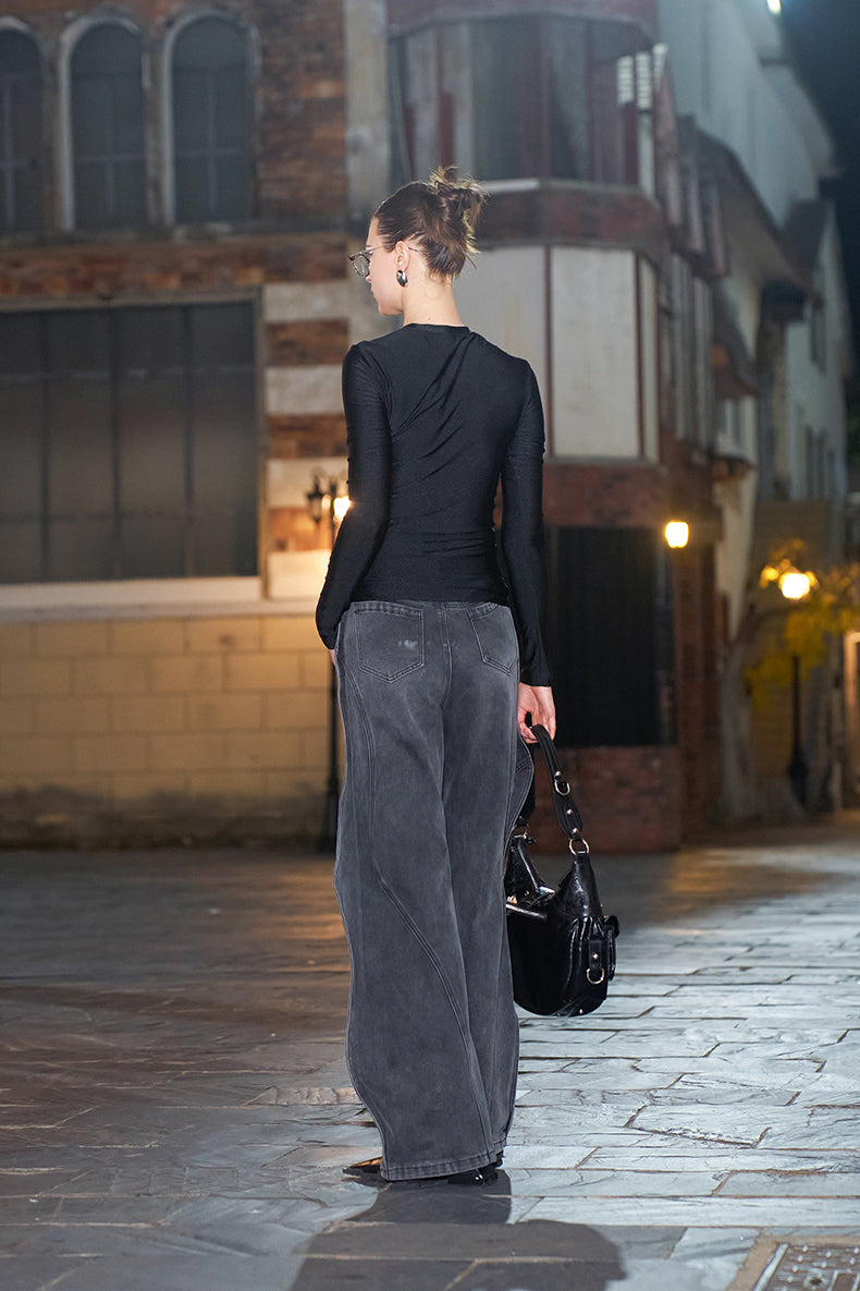 ANNAKIKI black pleated texture long-sleeved top for women-VENUS