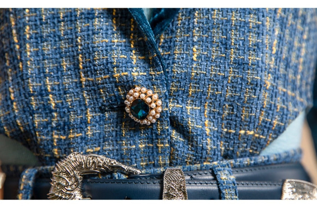 Magic Q Prussian blue stand-up collar paneled velvet sleeve wool jumpsuit - Raa
