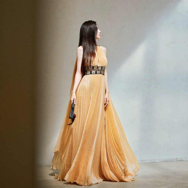 DOLLY High End Gold Sleeveless Halter Shawl Long Pleated Award Night Dress-Linda (V) M / Gold DOLLY High End Gold Sleeveless Halter Shawl Long Pleated Award Night Dress-Linda (V) M / Gold