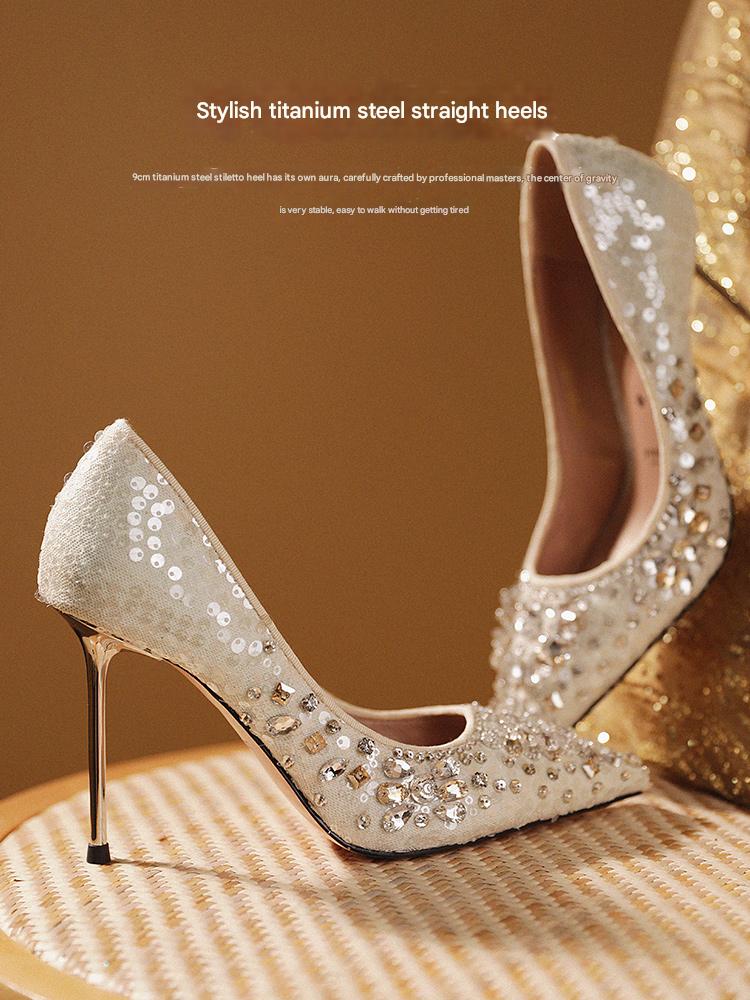 PJJUU pointed toe high heeled rhinestone shoes - GLAP.