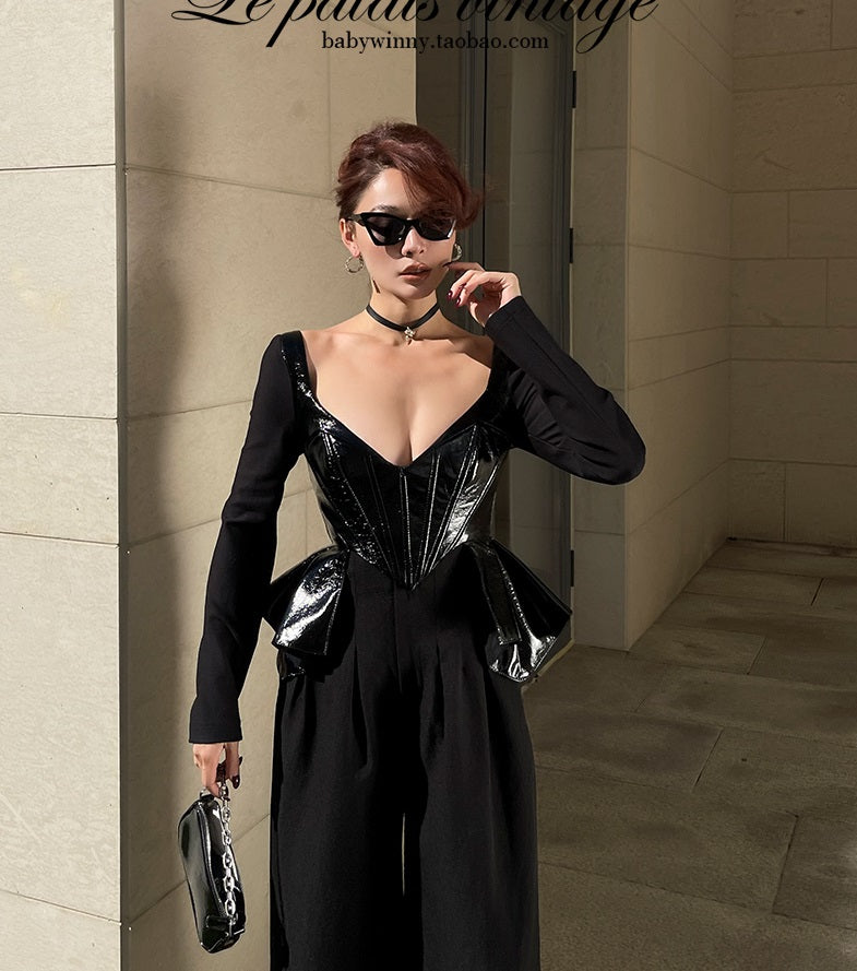 Le Palais black patent leather fishbone slim top-JENNY