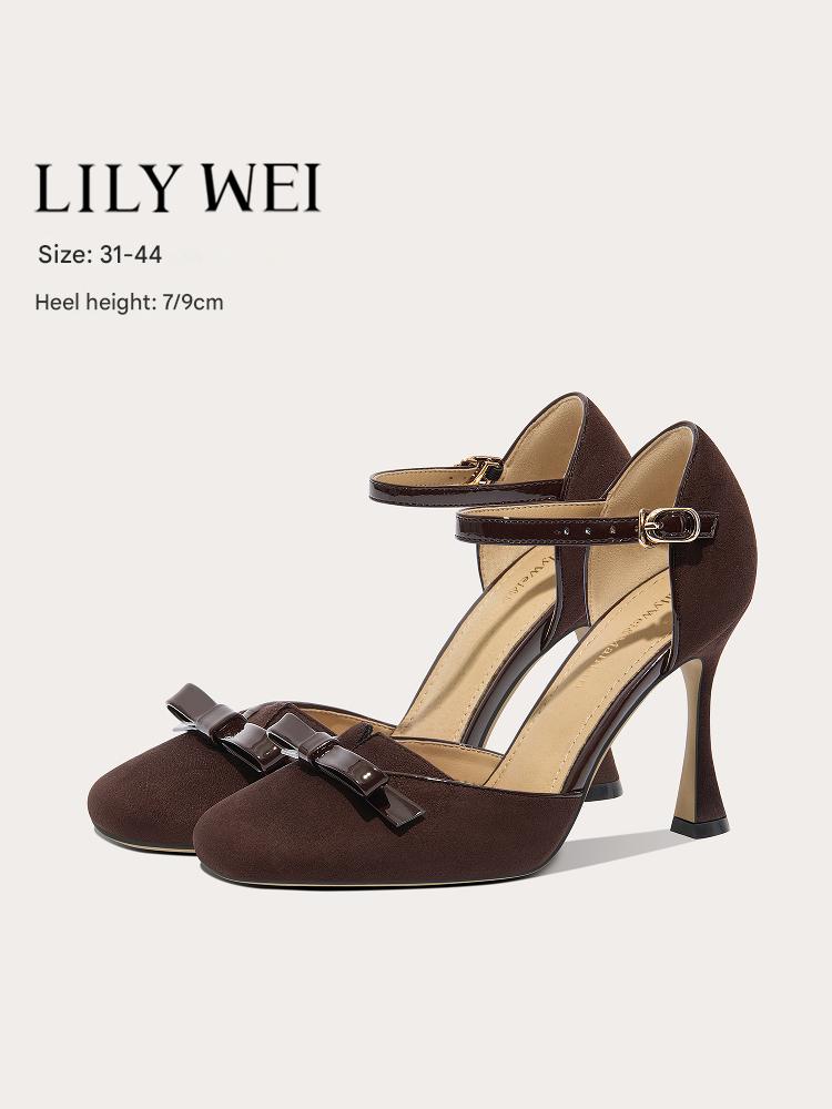 Lily Wei brown vintage bow heel heel sandals square toe heel comfort- ARIA