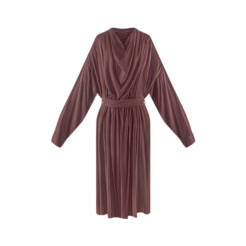 TUYUE Brown red loose drape collar cinched waist long-sleeved dress - JULIET.