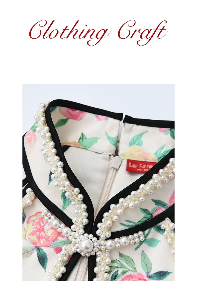 FAME high end luxury Oriental Print Court Stud floral print Dress -Gieu