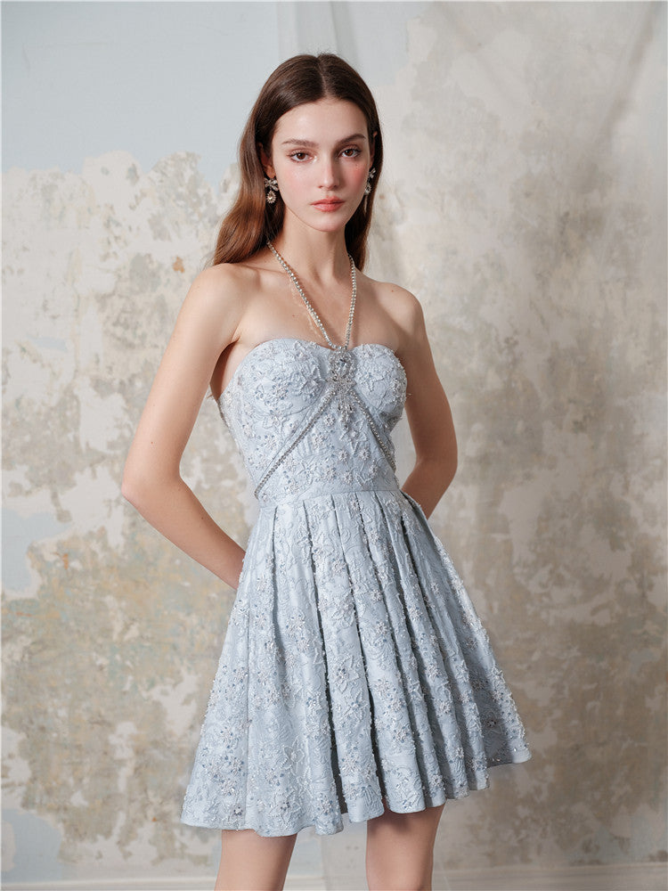 Wardrobes by Chen Luxury Blue Halter French Embroidery Pleat Dress-Vicki Custom size / Blue Wardrobes by Chen Luxury Blue Halter French Embroidery Pleat Dress-Vicki Custom size / Blue