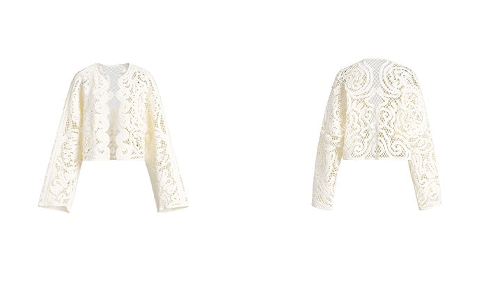 ZHUCHONGYUN white long-sleeve cropped lace-patterned jacket-NIGH.