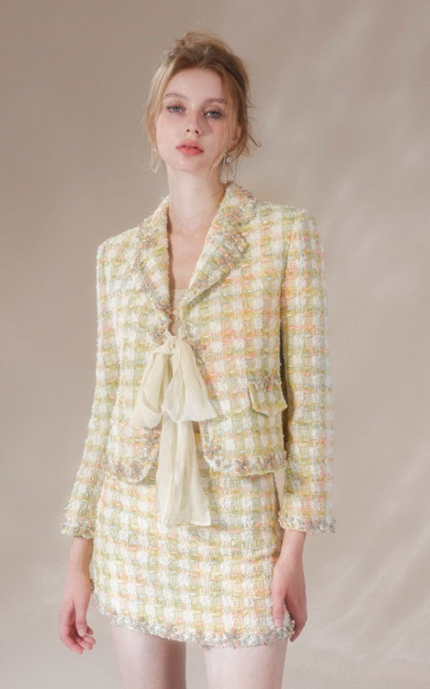 Wardrobes by Chen High End Yellow Long Sleeve Short Jacket/Short High Waist Skirt-Praise