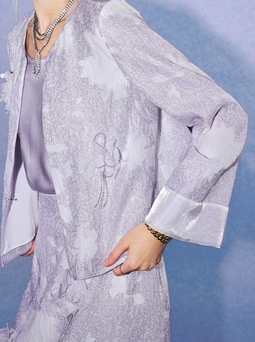CHICHY cool and luxurious purple embossed texture jacquard top long skirt suit-NICK