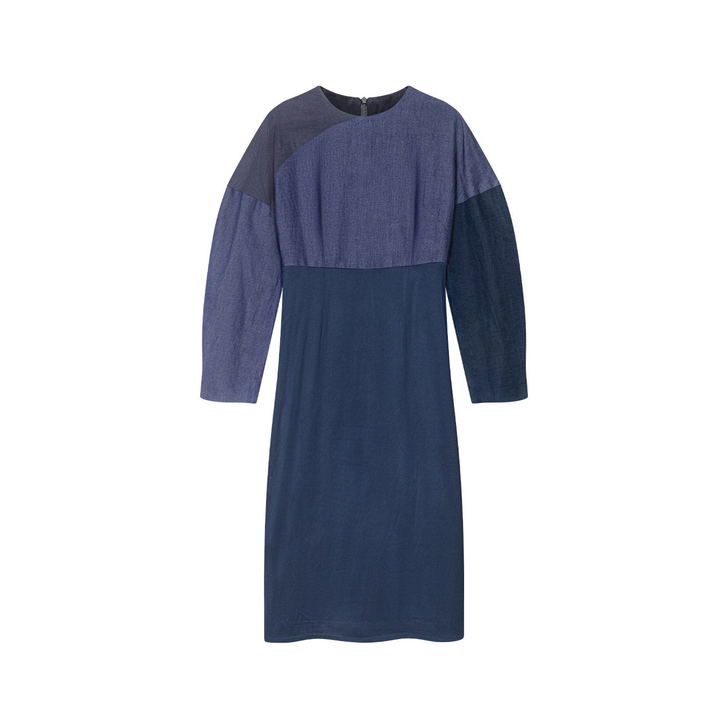 TUYUE Denim Blue Silk Cotton Crew Neck Dress- VERITY.