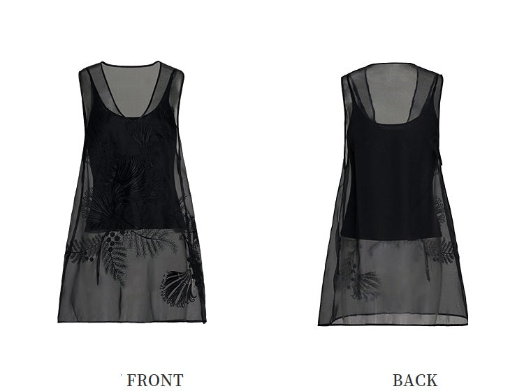 ZHUCHONGYUN U-neckline organza mesh black top-YOYO.