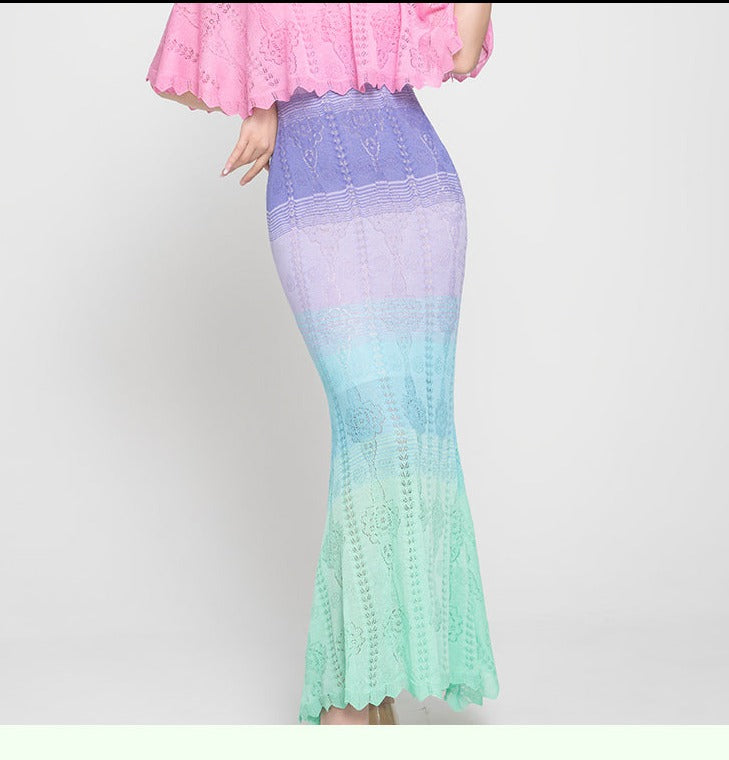 Magic Q crystal flowers shawl fishtail wavy knitted maxi dress set