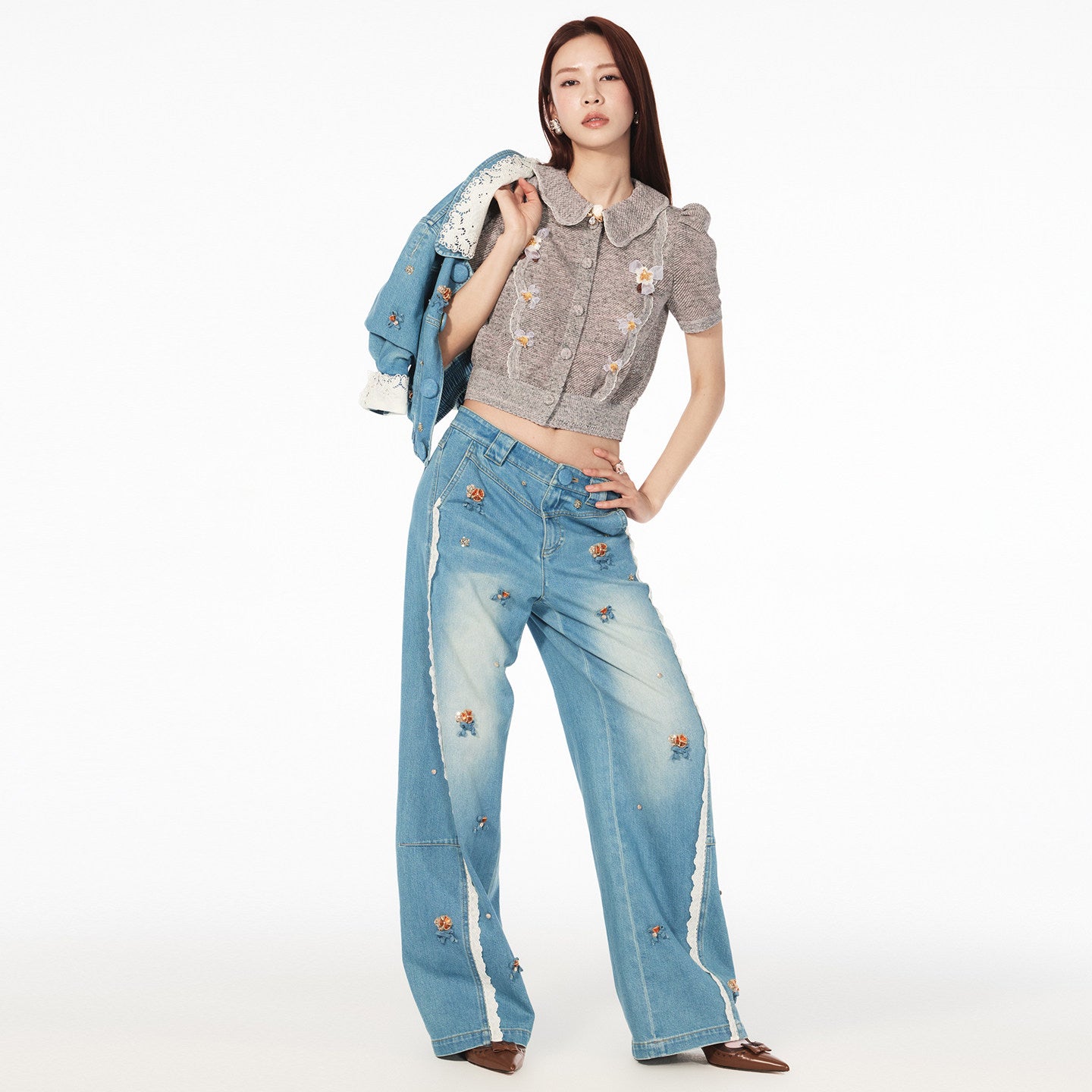FAME Flower Beaded Patchwork Lace Denim Pants - SOPHIA