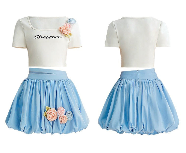 CHECOCRE summer fresh and cute color three-dimensional flower short sleeve T-shirt hood skirt - VAY.