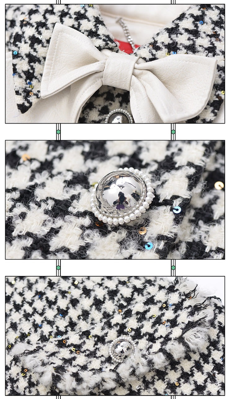 FAME vintage bow embellishment tweed houndstooth down jacket coat - VAi