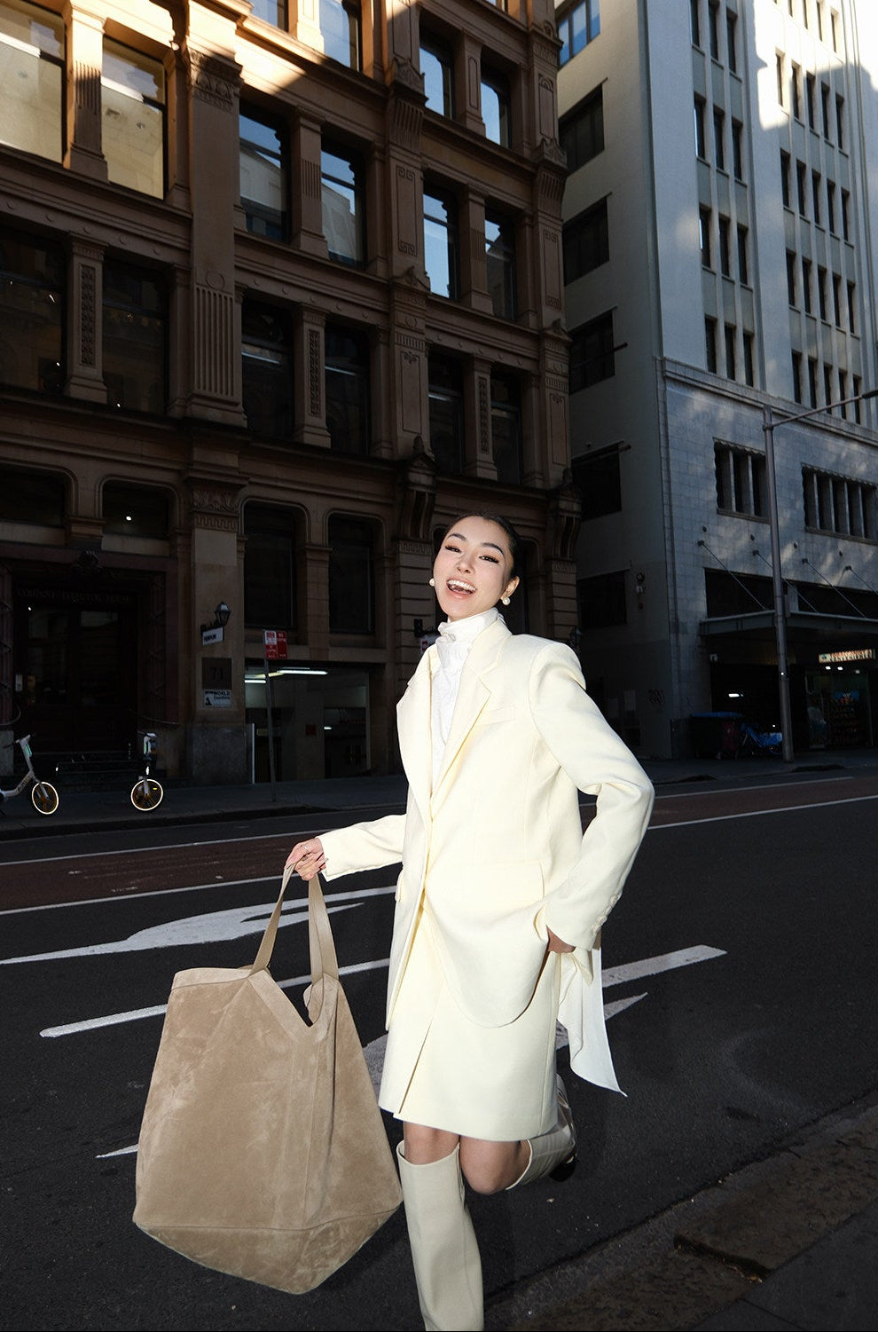 MEI SANGUAN Classic Beige Shoulder-Pad Blazer & Straight Midi Skirt Set- ANDER
