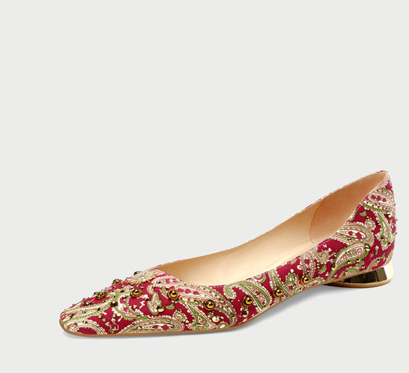 Pjjuu beaded printed red gold heel ballet flats shoes - Hailey