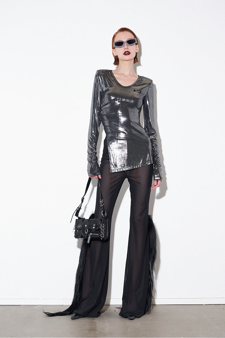 ANNAKIK designer model Silver gray pinch pleated diagonal slit long sleeve top-ICHIGO