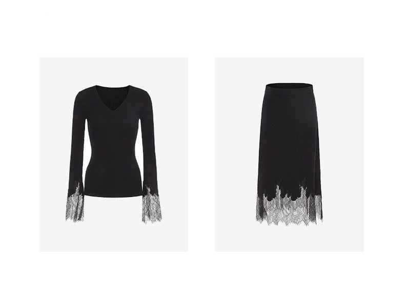 ATELIER MISS LU Fall/Winter elongated lace panelled cashmere wool skirt - ESTI